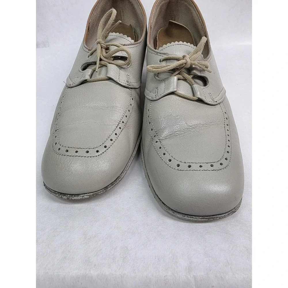 Womens Taupe Leather Oxford Pumps Footsaver‎ Shoes Lace Up Heels 8.5, 1960s READ